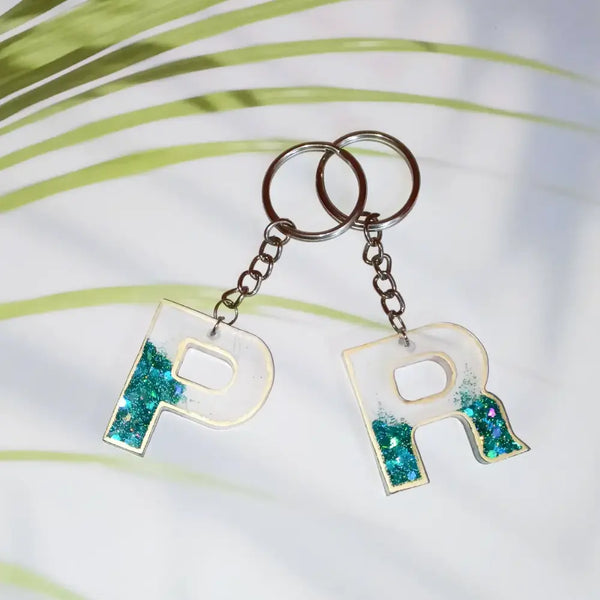 Couple Initial Resin Keychains – "P" & "R" with Glitter Design