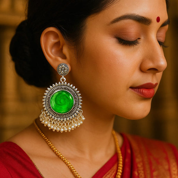 Green Enamel and Pearl Drop Earrings