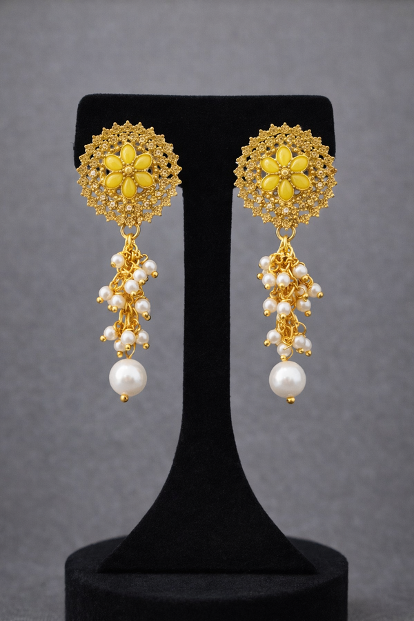 Floral Yellow Gold Finish Pearl Drop Earrings