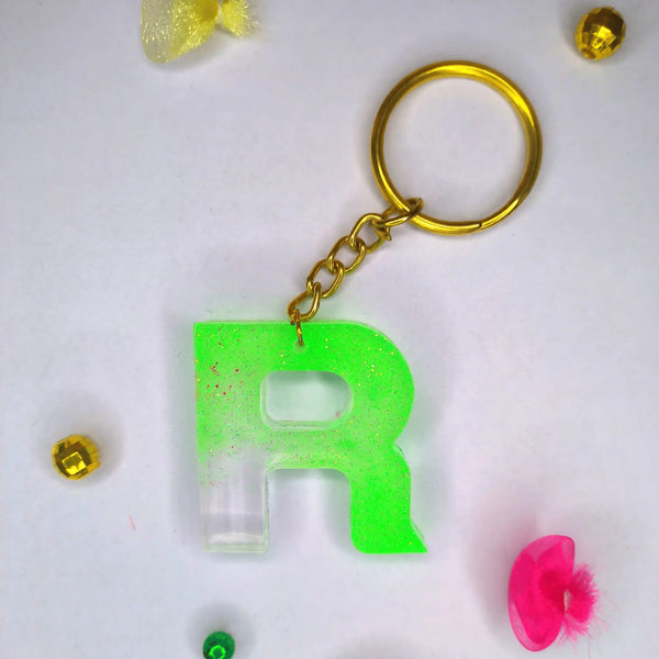 Trendy Green Transparent Resin Keychain with R Initial
